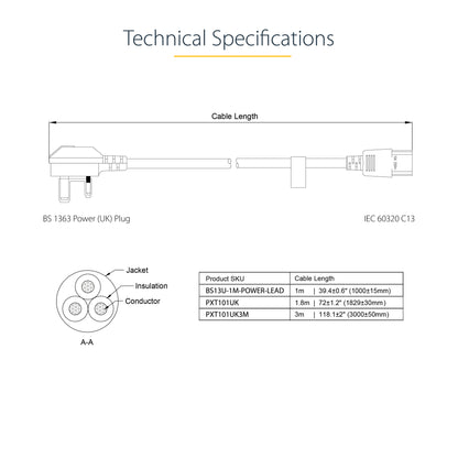 StarTech.com 10ft (3m) UK Computer Power Cable, 18AWG, BS 1363 to C13, 10A 250V, Black Replacement AC Power Cord, Kettle Lead / UK Power Cord, PC Power Supply Cable, TV/Monitor Power Cable