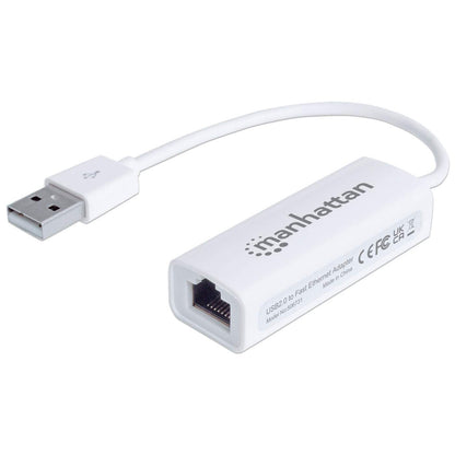 Manhattan USB-A Fast Ethernet Adapter, 10/100 Mbps Network, 480 Mbps (USB 2.0), Hi-Speed USB, RJ45, White, Three Year Warranty, Blister