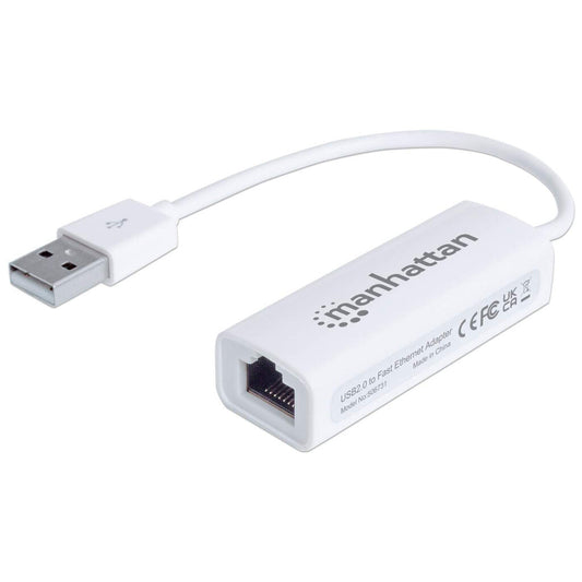 Manhattan USB-A Fast Ethernet Adapter, 10/100 Mbps Network, 480 Mbps (USB 2.0), Hi-Speed USB, RJ45, White, Three Year Warranty, Blister