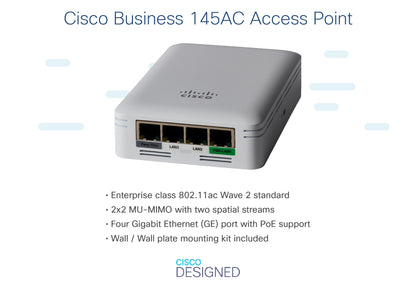 Cisco Business 145AC 802.11ac 2x2 Wave 2 Access Point 4 GbE Ports One PoE - Wall Plate, Limited Lifetime Protection (CBW145AC-E)