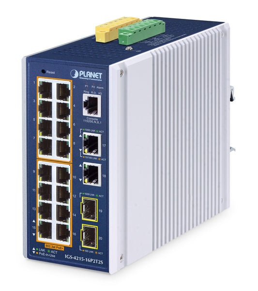 PLANET IP30 Industrial L2/L4 16-Port network switch, Managed, 18-port, Power over Ethernet (PoE), blue