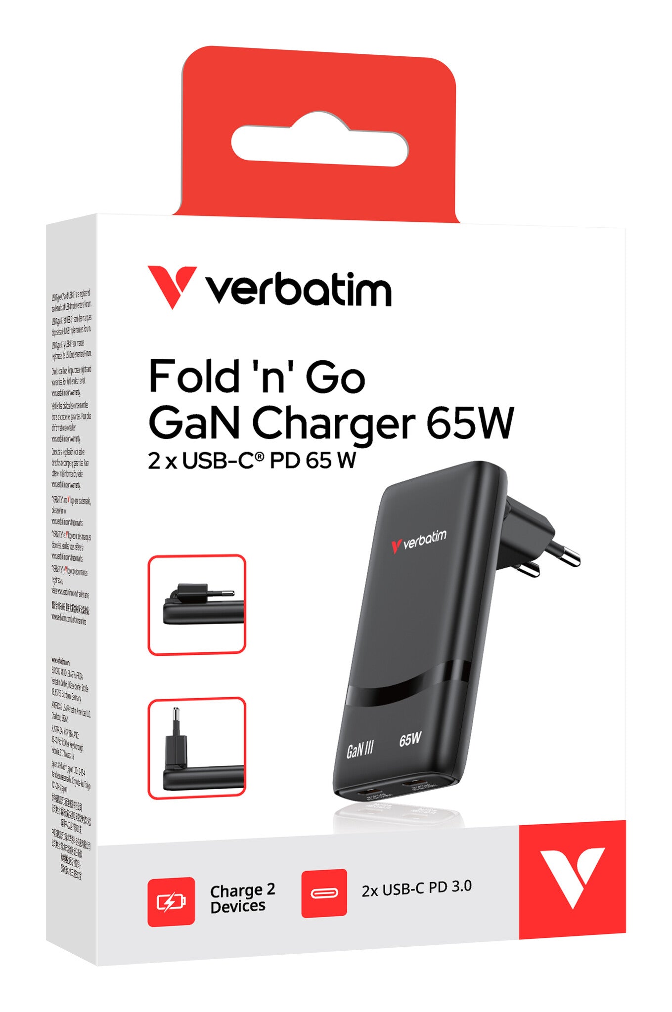 Verbatim Fold 'n' Go GaN Charger 65W EU plug Black