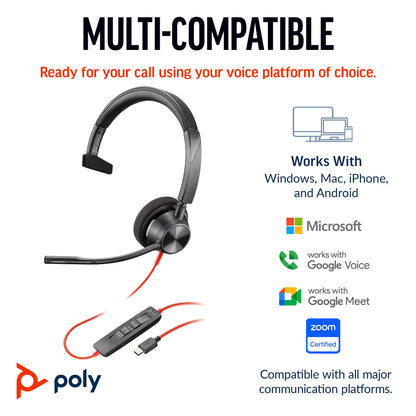HP Poly Blackwire 3310 Monaural Microsoft Teams Certified USB-C Headset +USB-C/A Adapter