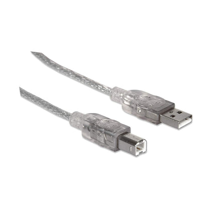 Manhattan USB-A to USB-B Cable, 1.8m, USB 2.0, 480 Mbps, Hi-Speed USB, Translucent Silver, Lifetime Warranty, Equivalent to USB2HAB6T