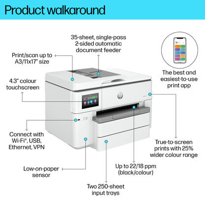 HP OfficeJet Pro 9730e Wireless All-in-One Color Printer, Instant Ink; Two-sided printing