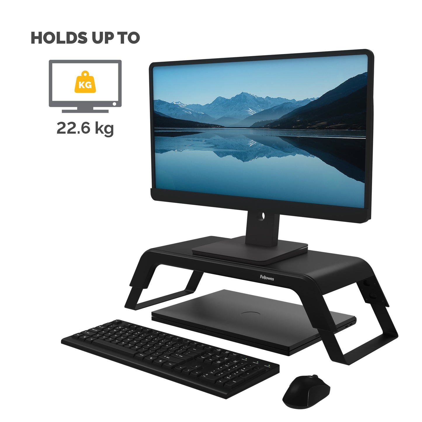 Fellowes Computer Monitor Stand with 3 Height Adjustments - Hana LT Monitor Riser - Ergonomic Adjustable Monitor Stand for Computers - Max Weight 22.6KG - Black