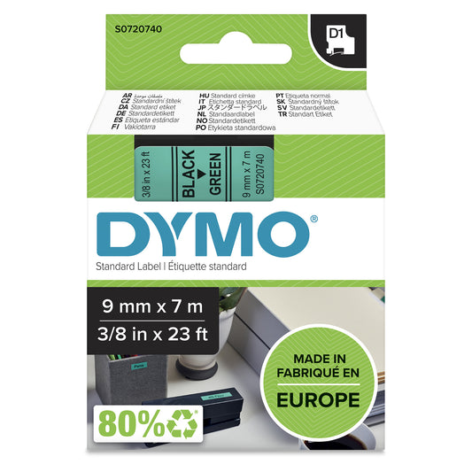 DYMO Authentic D1 Labels | Black Print on Green Tape | 9 mm x 7 m | Self-Adhesive Labels for LabelManager Label Makers | Made in Europe
