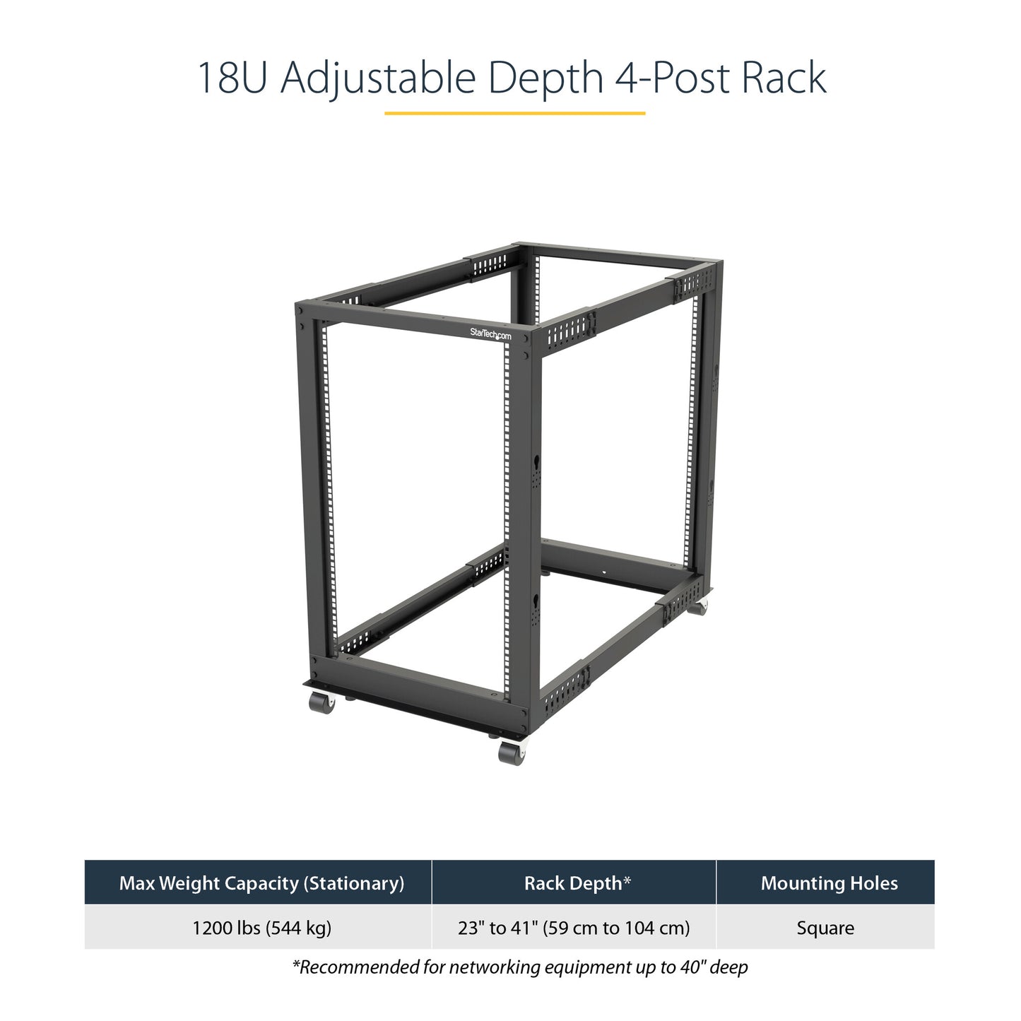 StarTech.com 4-Post 18U Mobile Open Frame Server Rack, Four Post 19" Network Rack with Wheels, Rolling Rack with Adjustable Depth for Computer/AV/Data/IT Equipment - Casters, Leveling Feet or Floor Mounting