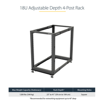 StarTech.com 4-Post 18U Mobile Open Frame Server Rack, Four Post 19" Network Rack with Wheels, Rolling Rack with Adjustable Depth for Computer/AV/Data/IT Equipment - Casters, Leveling Feet or Floor Mounting