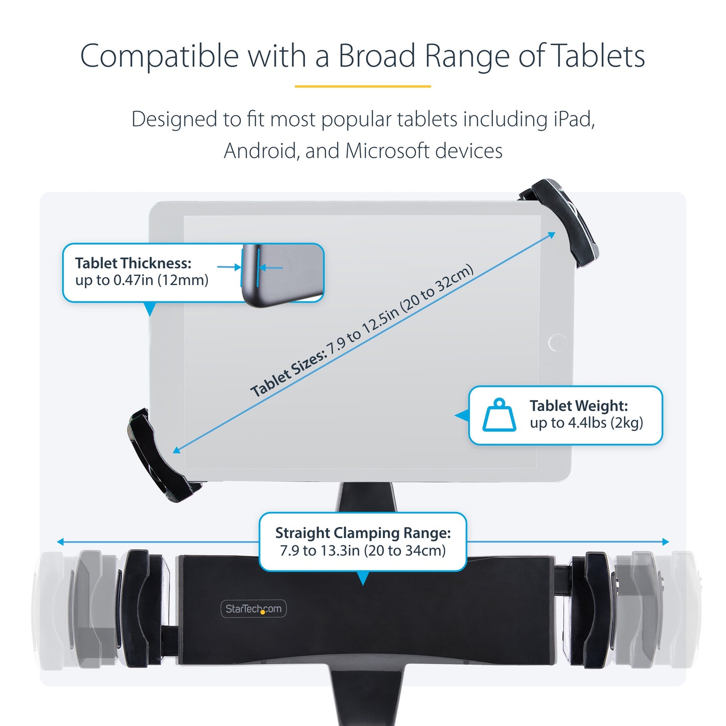StarTech.com VESA Mount Adapter for Tablets 7.9 to 12.5in - Up to 2kg (4.4lb) - 75x75/100x100 VESA Patterns - Universal Anti-Theft Tablet VESA Mount Clamp - Secure Tablet Mount - Black