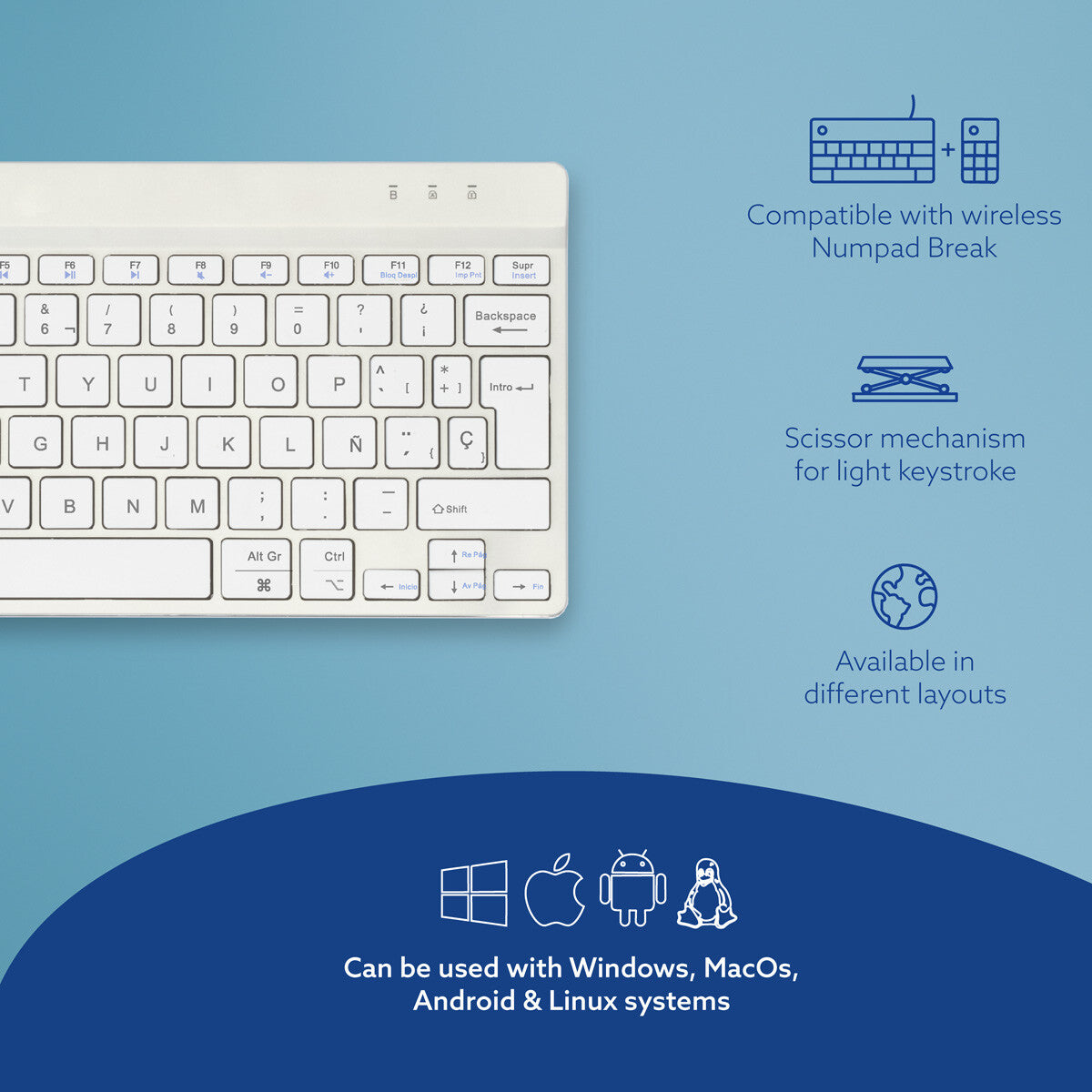 R-Go Tools Ergonomic keyboard R-Go Compact Break, compact keyboard with break software, QWERTY (ES), Bluetooth, white