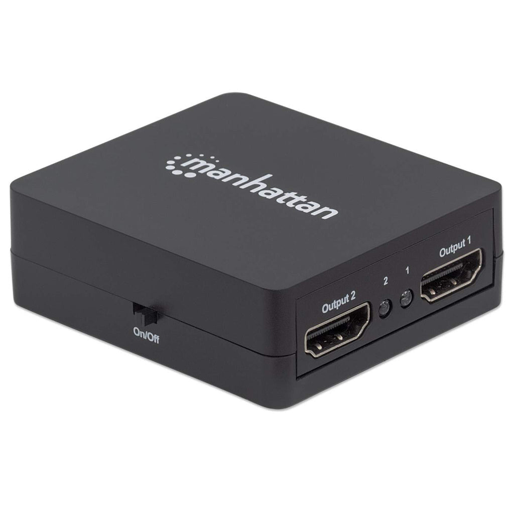 Manhattan HDMI Splitter 2-Port , 1080p, Black, Displays output from x1 HDMI source to x2 HD displays (same output to both displays), USB-A Powered (cable included, 0.7m), Three Year Warranty