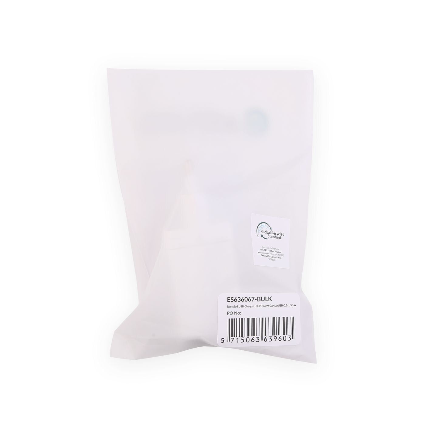eSTUFF Home Charger USB-C PD 67W GaN UK Plug - White - 100% Recycled Plastic
