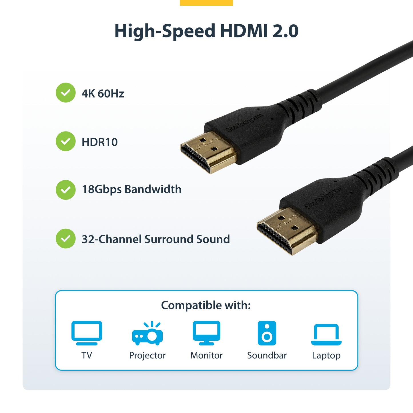 StarTech.com 6ft (2m) Slim HDMI 2.0 Cable, Flexible Premium Certified HDMI Cord with Ethernet, UHD 4K 60Hz HDR10, Durable Aramid Fiber Design with TPE Jacket