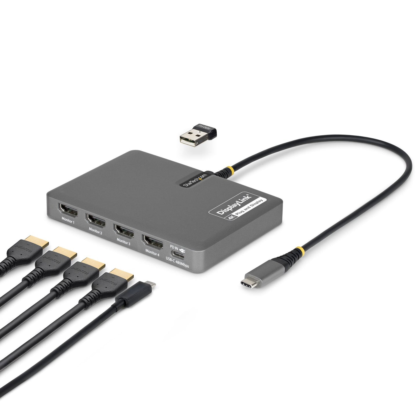 StarTech.com USB-C to Quad-Monitor Workstation Adapter, 4K 60Hz HDMI, 140W PD Passthrough for Laptop Charging, USB Port for Wireless Keyboard / Mouse, TAA
