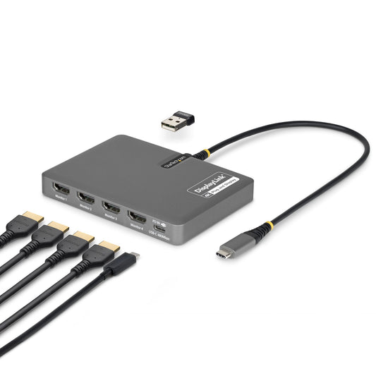 StarTech.com USB-C to Quad-Monitor Workstation Adapter, 4K 60Hz HDMI, 140W PD Passthrough for Laptop Charging, USB Port for Wireless Keyboard / Mouse, TAA