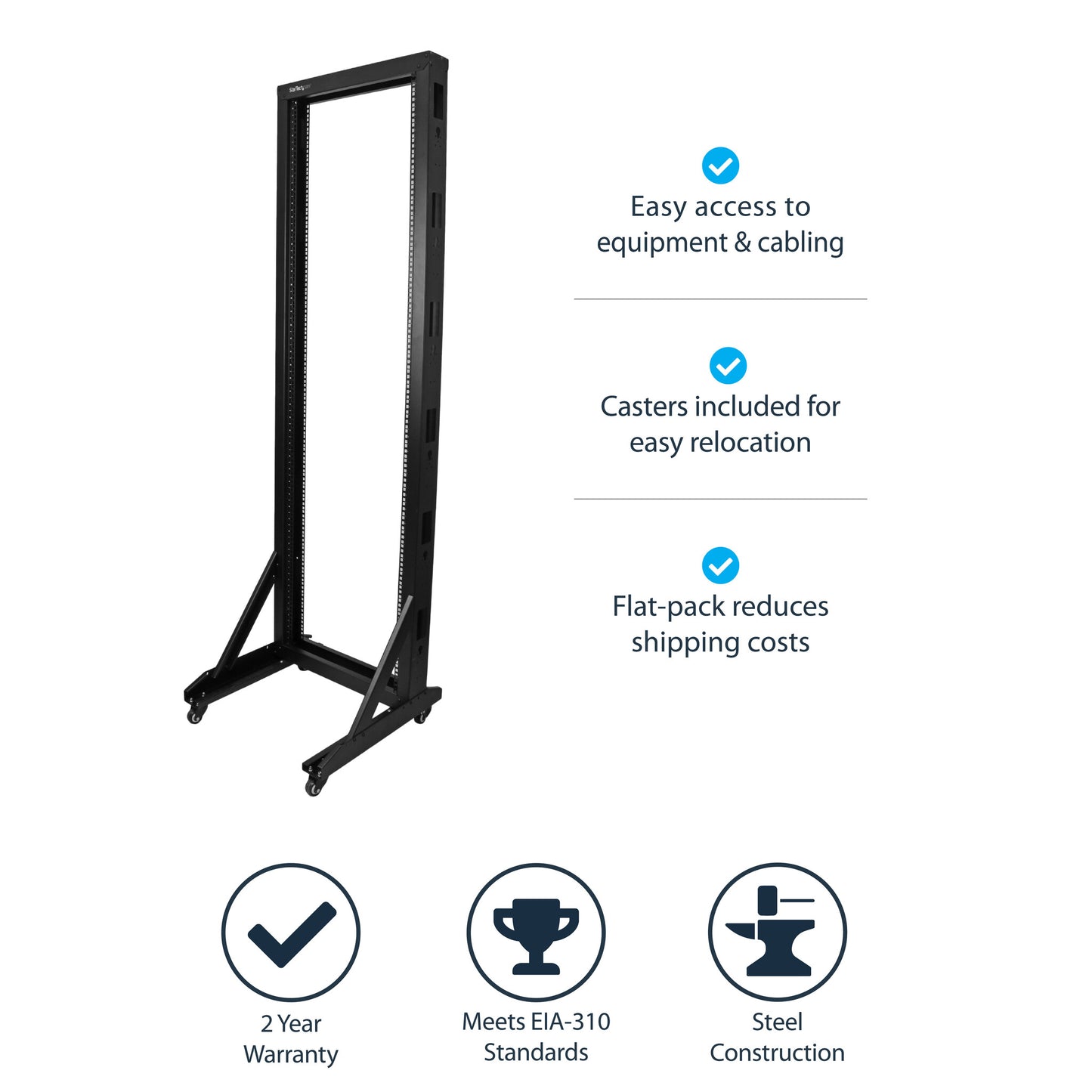 StarTech.com 2-Post 42U Mobile Open Frame Server Rack, Two Post 19in Network Rack with Wheels, Rolling Open Rack for AV/Data/Media/IT Equipment, Computer Rack for Home/Office Spaces - Casters Included