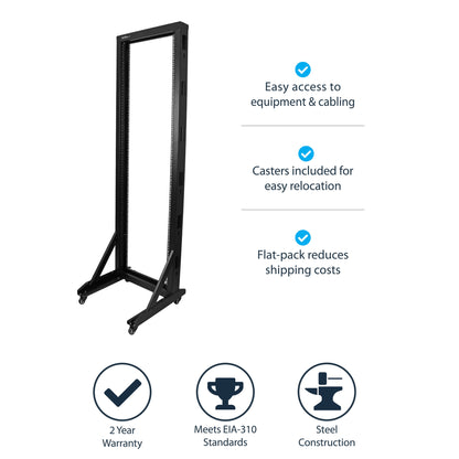StarTech.com 2-Post 42U Mobile Open Frame Server Rack, Two Post 19in Network Rack with Wheels, Rolling Open Rack for AV/Data/Media/IT Equipment, Computer Rack for Home/Office Spaces - Casters Included