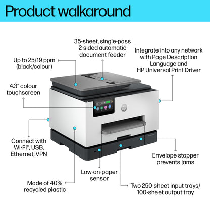 HP OfficeJet Pro 9130b Wireless All-in-One Color Printer, Two-sided printing; Copier, Scanner