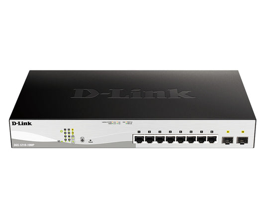 D-Link DGS-1210-10MP network switch, Managed, 8-port, Power over Ethernet (PoE), black and grey