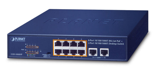 PLANET GSD-1008HP network switch, Unmanaged, 10-port, Power over Ethernet (PoE), blue