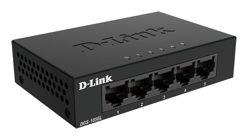 D-Link DGS-105GL 5-Port Gigabit Ethernet Switch, Fanless, Low Profile, Metal Housing, Plug-and-Play, 802.3az EEE black
