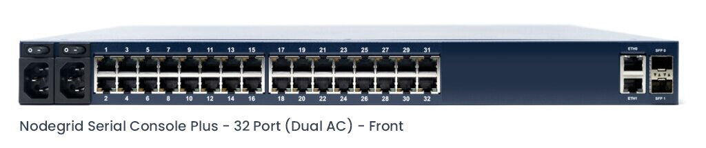 ZPE Nodegrid Serial Console Plus Nodegrid Serial Plus - Core Edition. 32-port Cisco Rolled, 2-Core CPU, 4GB DDR4, 16GB SSD, 2 SFP, 2 GbE, 2 USB 3.0. Dual AC Power, cord included. Order -cloud and app subscription. Includes Standard 2 year support and HW w