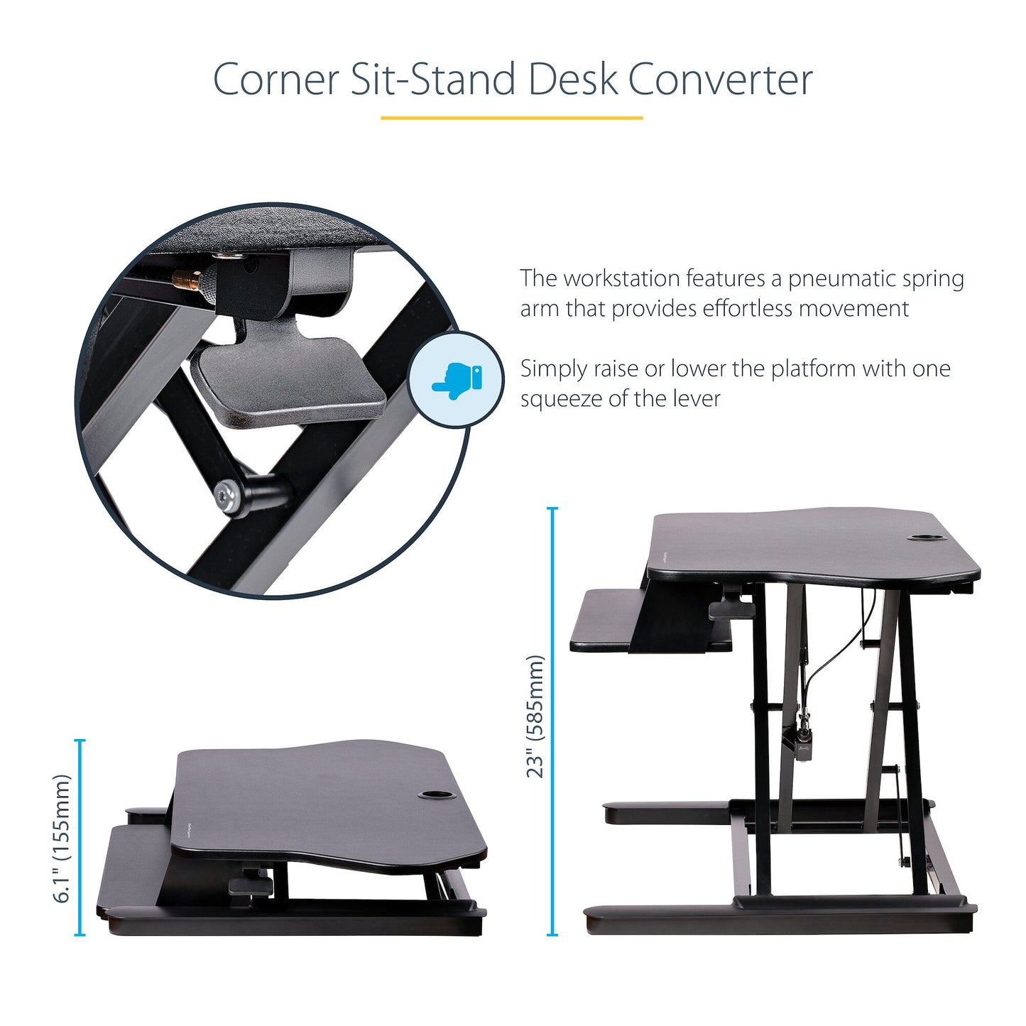 StarTech.com Corner Sit Stand Desk Converter with Keyboard Tray - Large Surface (35" x 21") - Height Adjustable Ergonomic Desktop/Tabletop Standing Workstation - Supports Dual Monitors - TAA