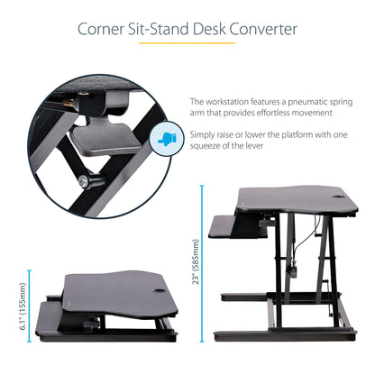 StarTech.com Corner Sit Stand Desk Converter with Keyboard Tray - Large Surface (35" x 21") - Height Adjustable Ergonomic Desktop/Tabletop Standing Workstation - Supports Dual Monitors - TAA