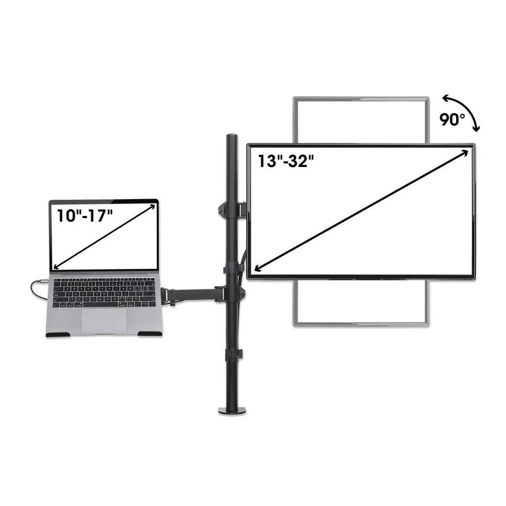 Manhattan Desk Mount for Monitors & Laptop Combo (Full Motion), For screens: 10-27", Laptop up to 17", Clamp Assembly, VESA compatibility: 75x75 and 100x100mm - check the dimensions of the four mounting holes on back of screen to ensure it fits, Max 8kg,