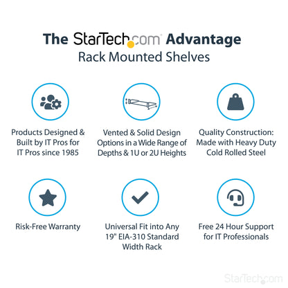 StarTech.com 2U Server Rack Shelf - Universal Rack Mount Cantilever Shelf for 19" Network Equipment Rack & Cabinet - Heavy Duty Steel – Weight Capacity 125lb/56kg - 18" Deep Tray, Black