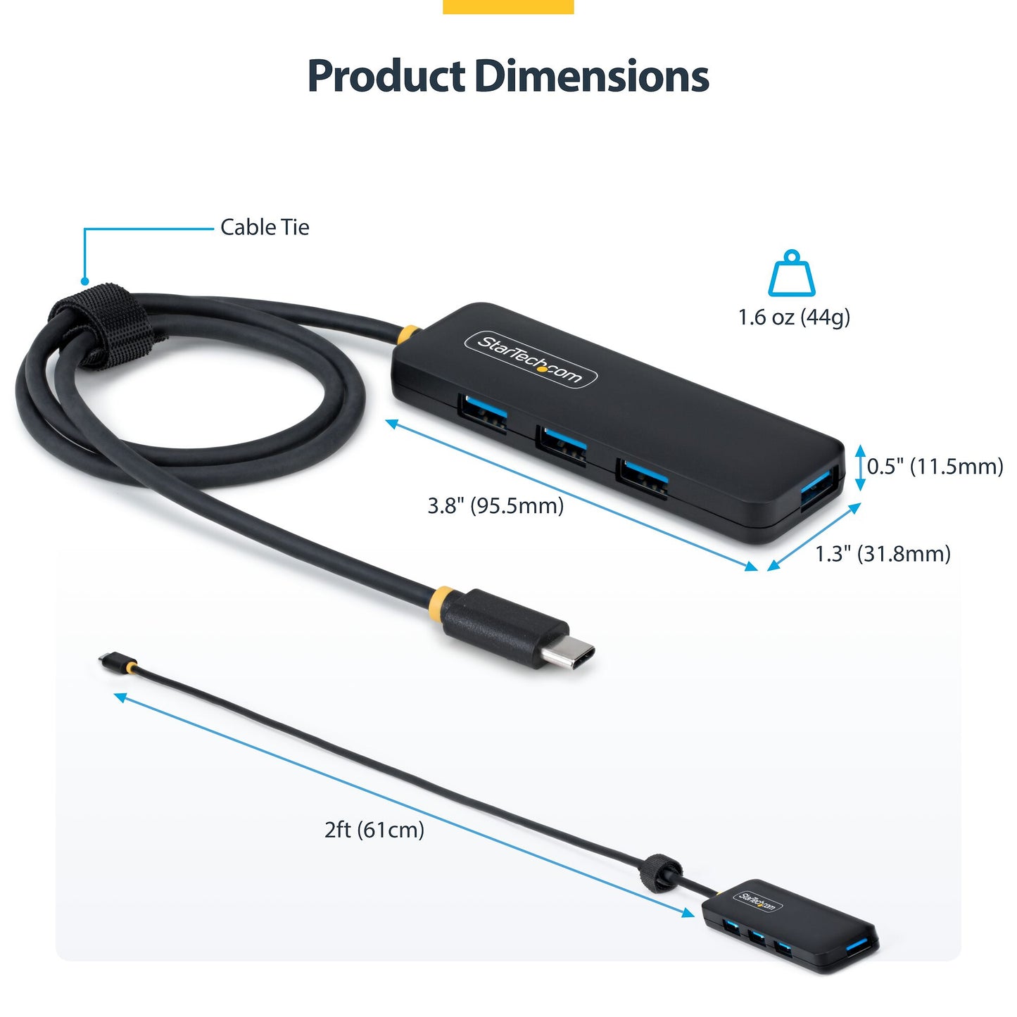 StarTech.com 4-Port USB-C Hub, 5Gbps, Bus Powered, USB-C to 4x USB-A Mini Hub, Extra Long 2ft/61cm Host Cable, PCR Plastic, Portable Desktop / Laptop USB Hub