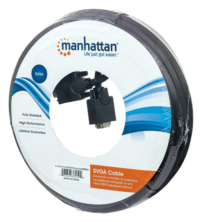 Manhattan VGA Monitor Cable (with Ferrite Cores), 20m, Black, Male to Male, HD15, Cable of higher SVGA Specification (fully compatible), Shielding with Ferrite Cores helps minimise EMI interference for improved video transmission, Lifetime Warranty, Polyb