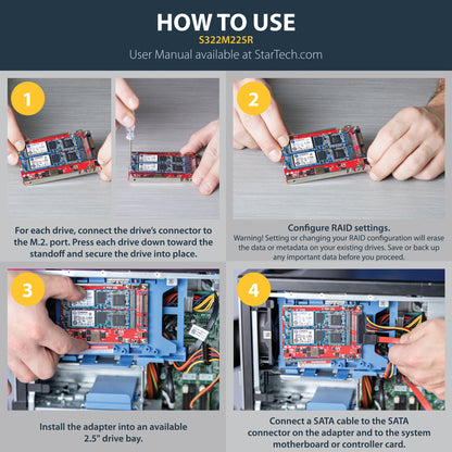 StarTech.com M.2 to SATA Adapter for M.2 SATA SSDs, Dual Slot M2 Drive Host Adapter/Converter with RAID Support, 2.5-Inch Drive Form Factor, TAA
