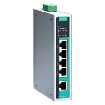 Moxa EDS-G205A-4POE-T network switch, Unmanaged, 5-port, Power over Ethernet (PoE), black and green