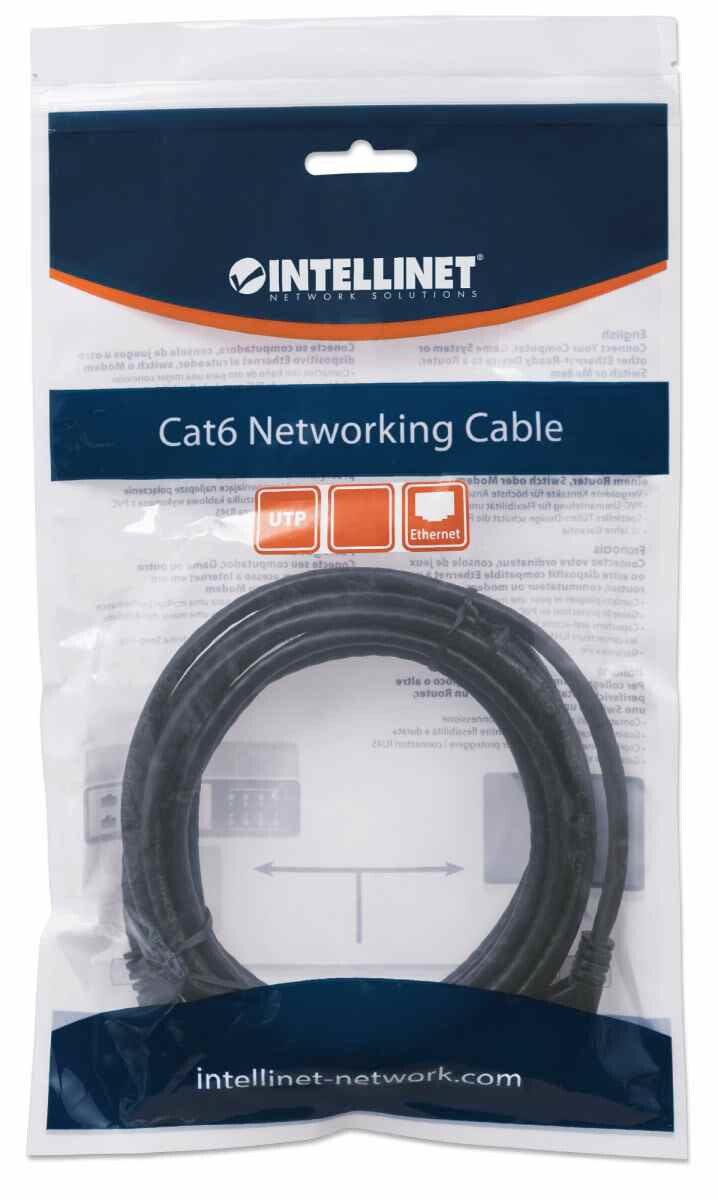 Intellinet Network Patch Cable, Cat6, 2m, Black, CCA, U/UTP, PVC, RJ45, Gold Plated Contacts, Snagless, Booted, Lifetime Warranty