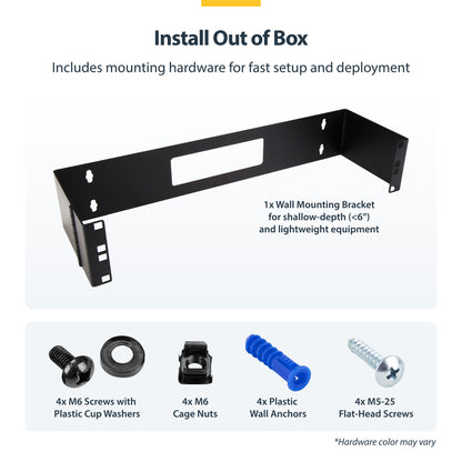 StarTech.com 2U Hinged Wall Mount Patch Panel Bracket - 6 inch Deep - 19" Patch Panel Swing Rack for Shallow Network Equipment- 22lbs