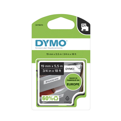 DYMO D1 High-Performance Permanent Polyester Labels | 19 mm x 5.5m Roll | Black Print on White | Self-Adhesive Labels for LabelManager Label Printers | Authentic