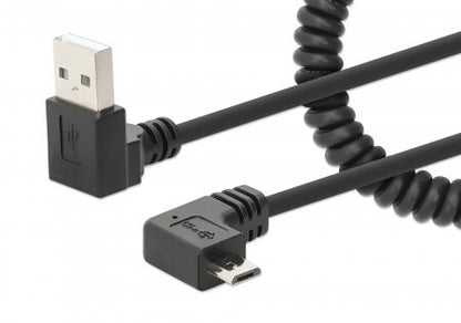 Manhattan USB-A to Micro-USB Charging Cable, 1m, Coiled Tangle-Resistant Design, Angled Connectors, Ideal for Charging Cabinets and Carts, No Data Transmission, Black, Lifetime Warranty