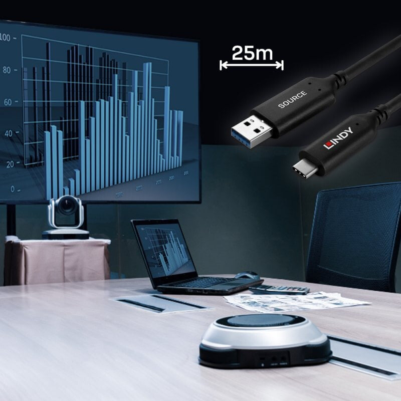 Lindy 25m USB 3.2 Gen 1 Type A to C Fibre Optic Hybrid Cable