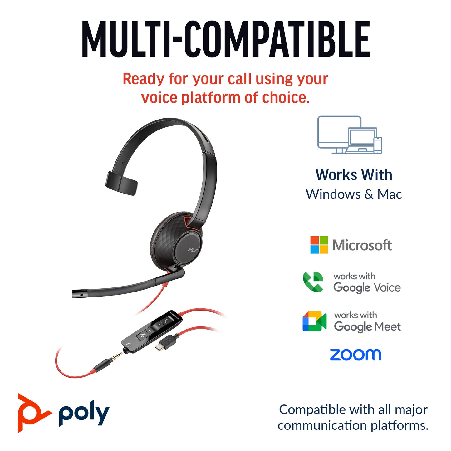 HP Poly Blackwire 5210 Monaural USB-C Headset +3.5mm Plug +USB-C/A Adapter (Bulk)
