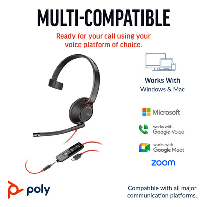 HP Poly Blackwire 5210 Monaural USB-C Headset +3.5mm Plug +USB-C/A Adapter (Bulk)