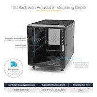 StarTech.com 4-Post 15U Server Rack Cabinet, Lockable 19" Data Rack Cabinet for Computer / AV / IT Equipment, Office / Home Network Rack with Casters & Adjustable Mounting Rails