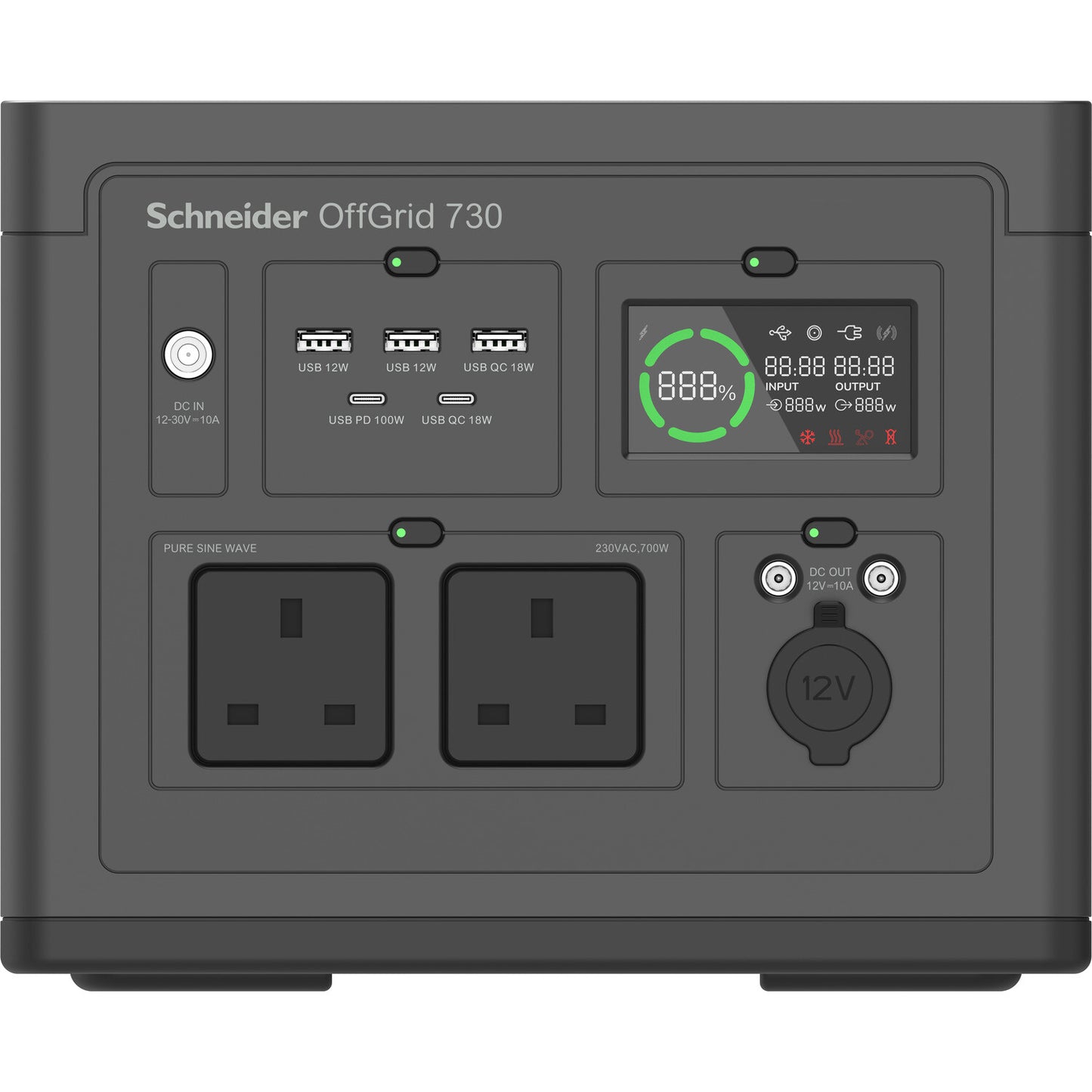 APC SE OffGrid Portable Power Station 730 - Li-Ion battery, LCD, 2x UK outlets, 3x USB-A, 2x USB-C, 3x 12V, wireless charger