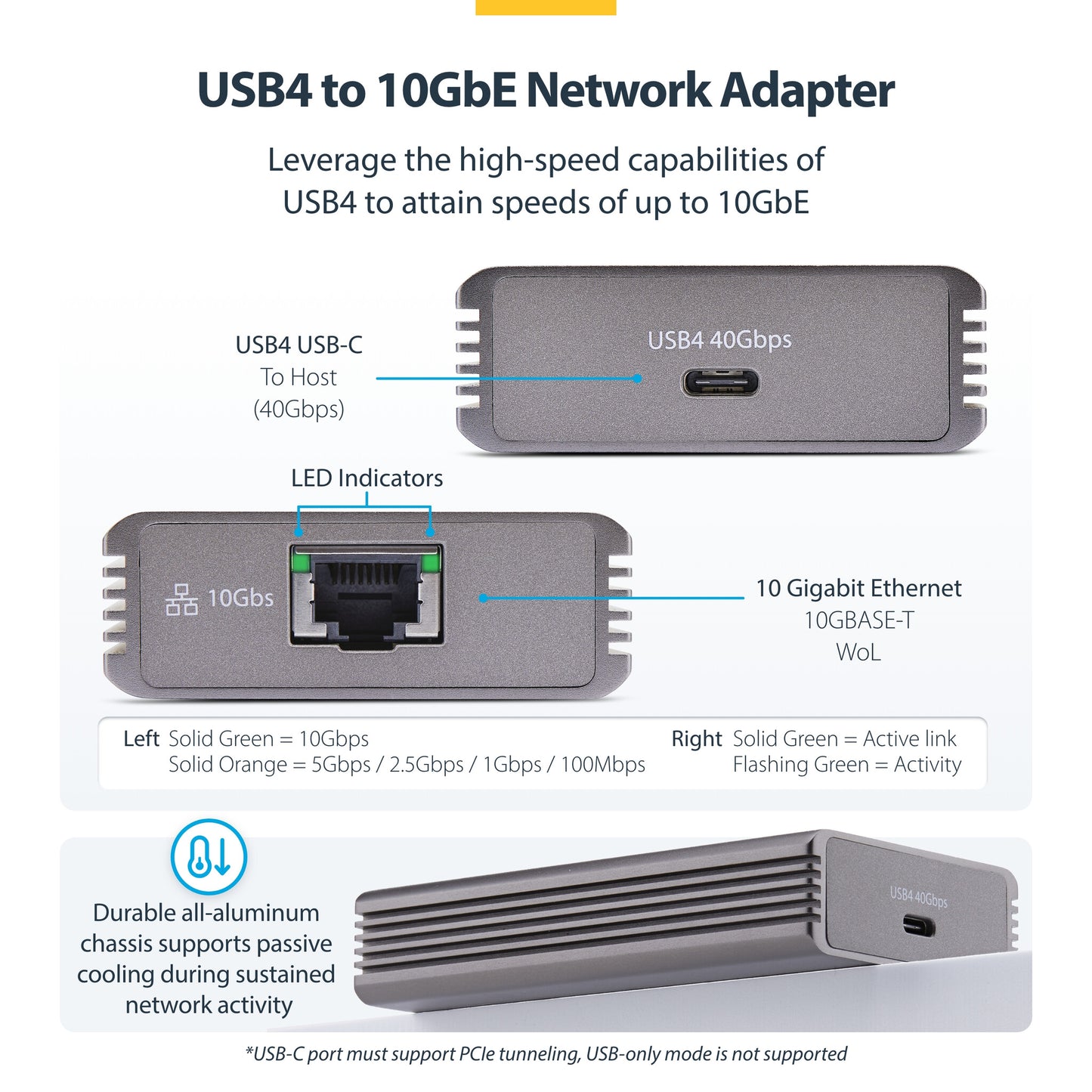 StarTech.com USB4 to Ethernet Adapter, 10GbE, Multi-Gigabit, Thunderbolt Compatible, 10GBASE-T/5G/2.5G NIC, 10G Ethernet Adapter, 0.5m USB4 Cable, Win/Mac, TAA