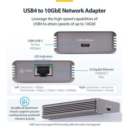 StarTech.com USB4 to Ethernet Adapter, 10GbE, Multi-Gigabit, Thunderbolt Compatible, 10GBASE-T/5G/2.5G NIC, 10G Ethernet Adapter, 0.5m USB4 Cable, Win/Mac, TAA