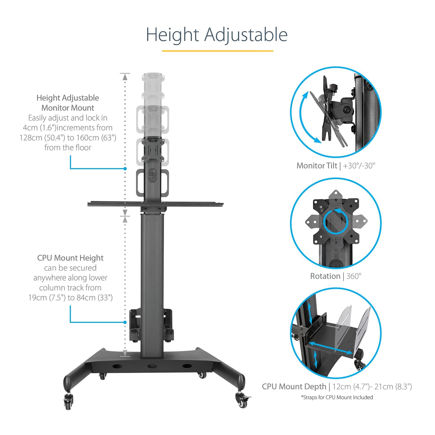 StarTech.com Mobile Workstation Cart with Monitor Mount, CPU/PC Holder, Keyboard Tray - Ergonomic Height Adjustable Desktop Computer Cart - Rolling Mobile Standing Workstation on Wheels