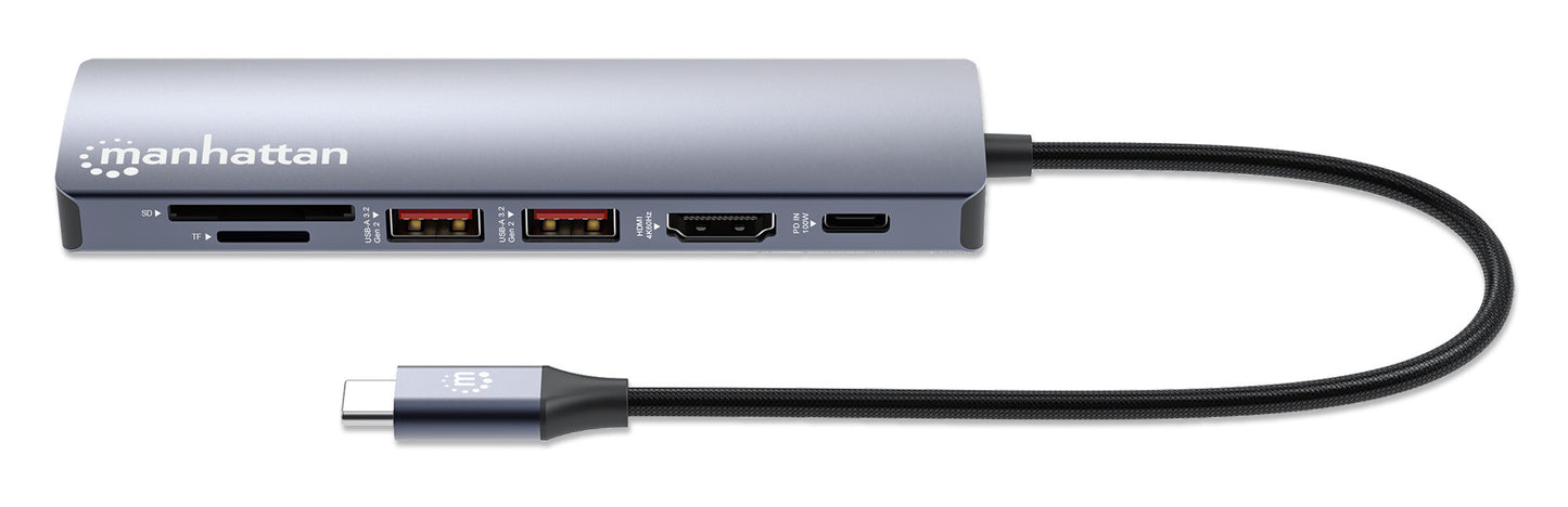 Manhattan USB-C Dock/Hub with Card Reader, Ports (x5): Ethernet, HDMI, USB-A (x2) and USB-C, with Power Delivery (PD) 100W- requires external USB-C charger (not included). USB powered (no external power supply required) when PD is not in use