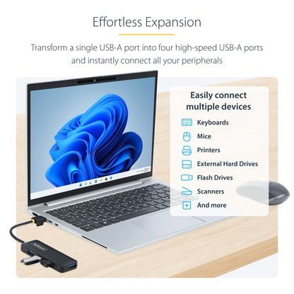 StarTech.com 4-Port USB-A Hub, 5Gbps, Bus Powered, Small Travel Mini USB Hub, Multi-Port USB 3.0 Splitter, Portable USB Hub, Overcurrent Protection (OCP)