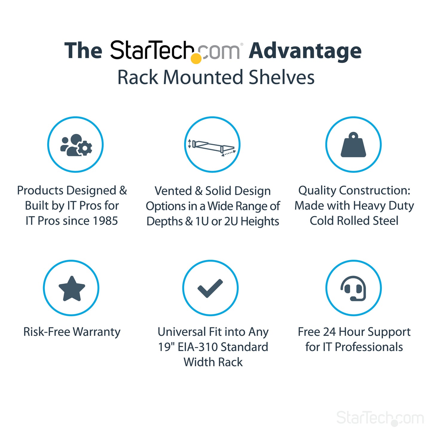 StarTech.com 2U Server Rack Shelf - Universal Rack Mount Cantilever Shelf for 19" Network Equipment Rack & Cabinet - Heavy Duty Steel – Weight Capacity 44lb/20kg - 16" Deep Tray, Black